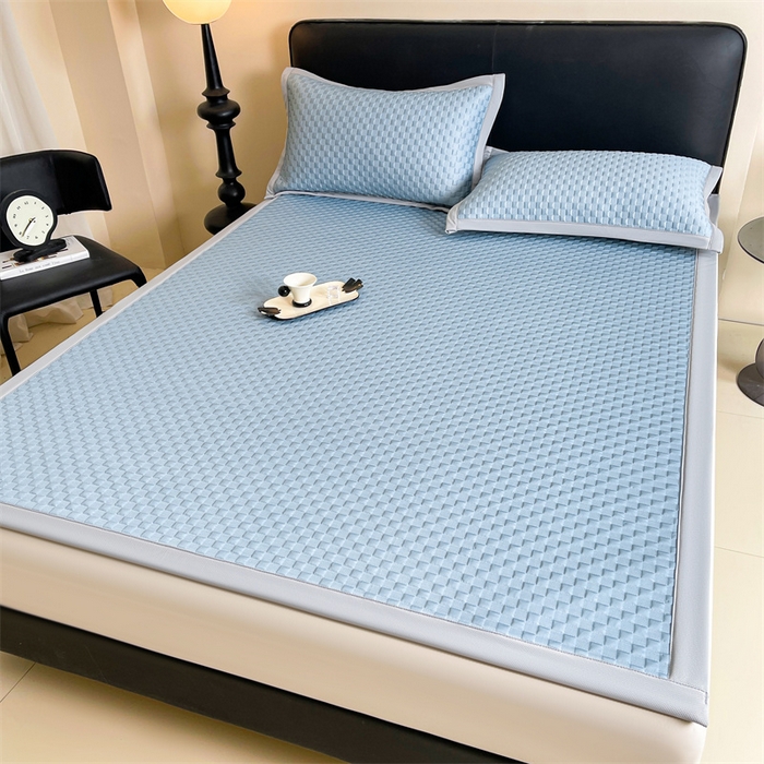 91家纺网 家纺一手货源 找家纺 雯豆家纺 2026新款A类PE凉席三件套冰豆豆席A类纯色凉豆豆席子可水洗空调软席 方格款-海涛蓝