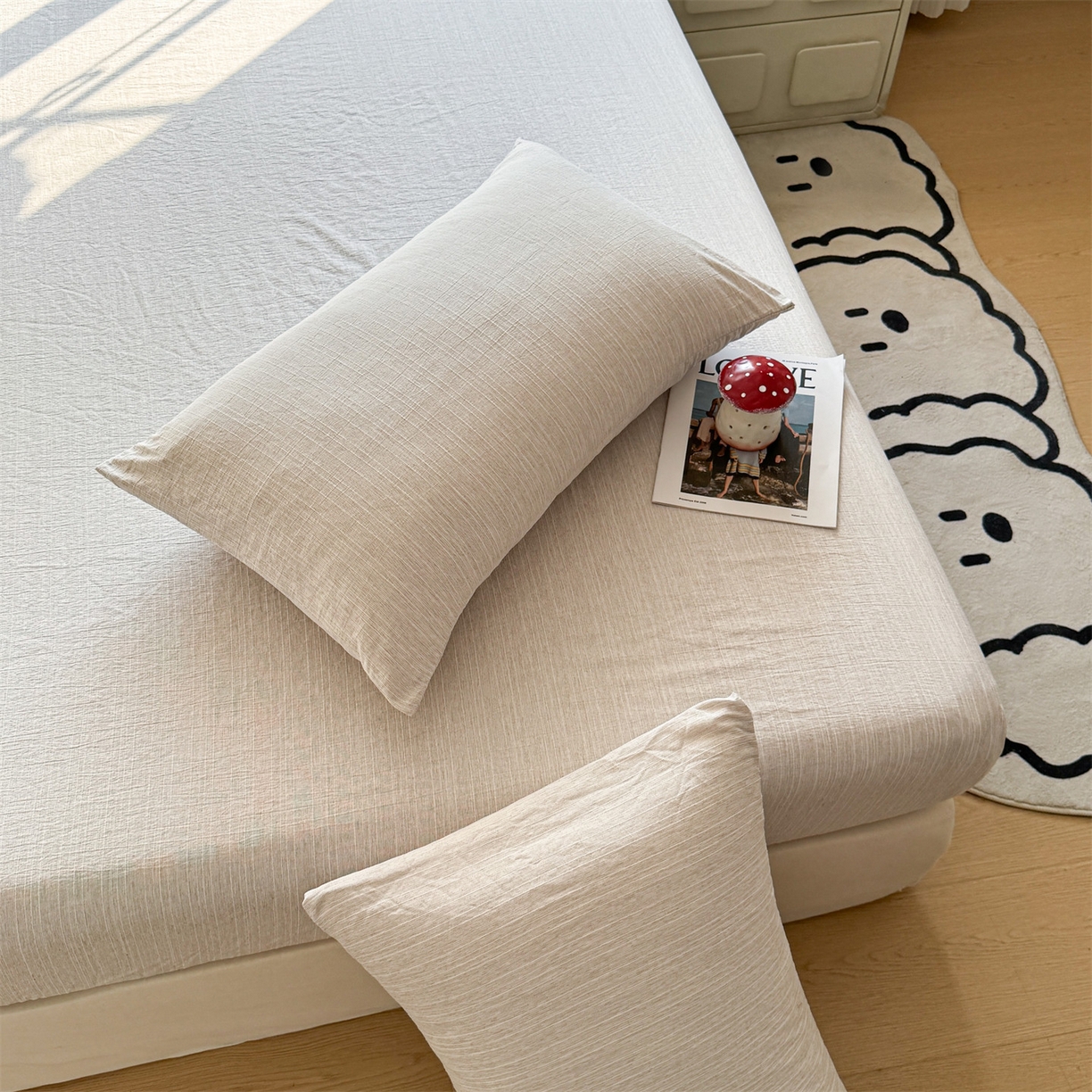 91家纺网 家纺一手货源 找家纺 雯豆家纺 2026春夏新款色织提花单层床笠三件套印花小清新卡通床罩 色织提花-烟茶