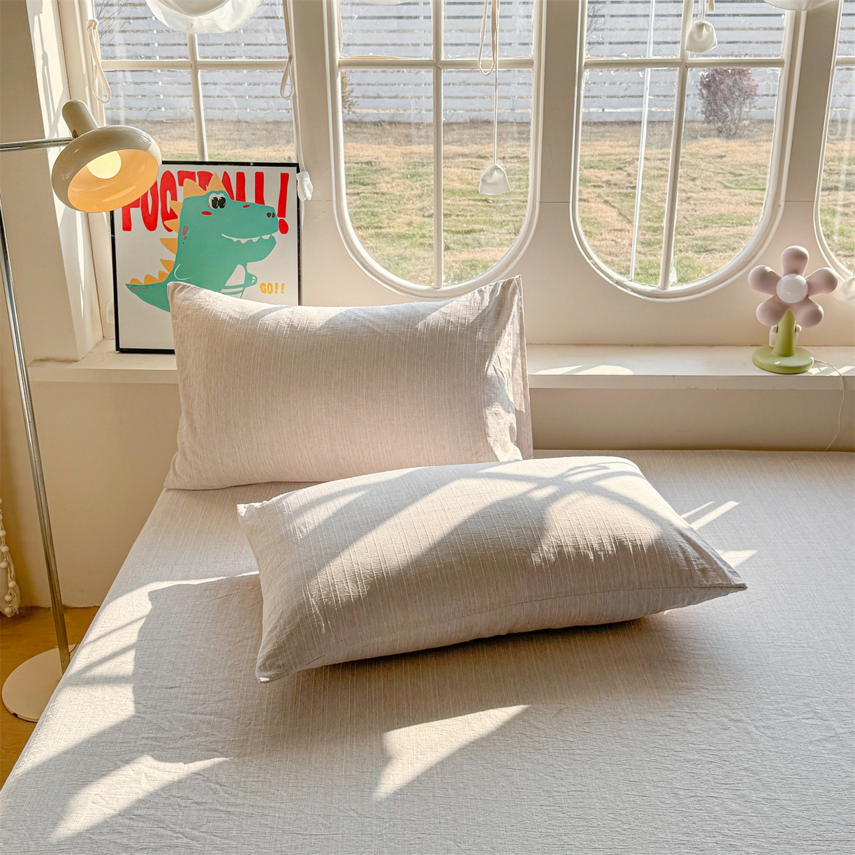 91家纺网 家纺一手货源 找家纺 雯豆家纺 2026春夏新款色织提花单层床笠三件套印花小清新卡通床罩 色织提花-烟茶