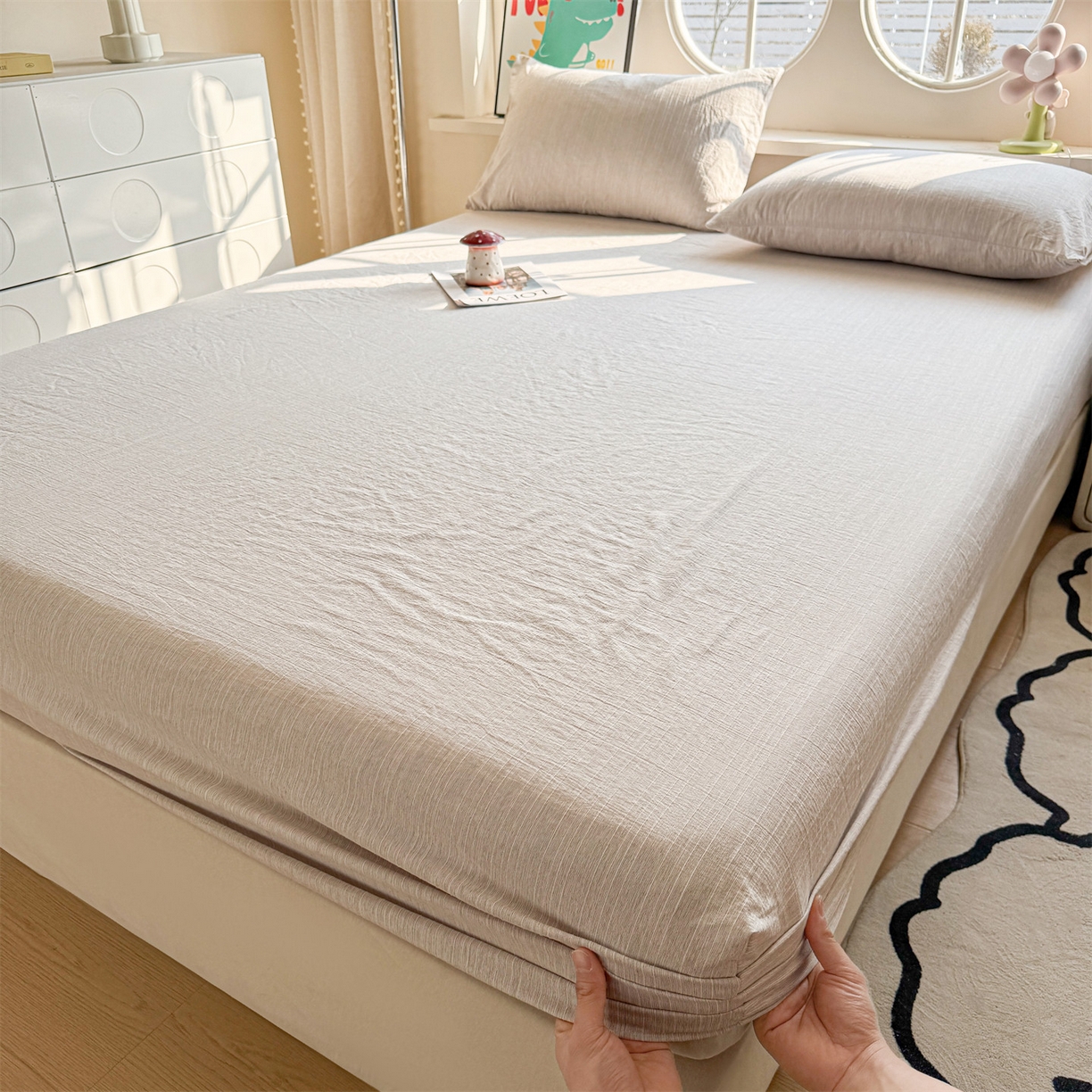 91家纺网 家纺一手货源 找家纺 雯豆家纺 2026春夏新款色织提花单层床笠三件套印花小清新卡通床罩 色织提花-烟茶