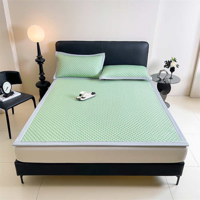 91家纺网 家纺一手货源 找家纺 雯豆家纺 2026新款A类PE凉席三件套冰豆豆席A类纯色凉豆豆席子可水洗空调软席 方格款-清新绿