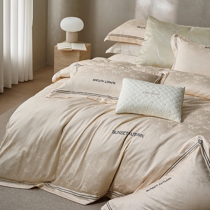 91家纺网 家纺一手货源 找家纺 诗黛尔 2026春夏新款天棉缎刺绣-新竹韵系列 新竹韵-浅米金