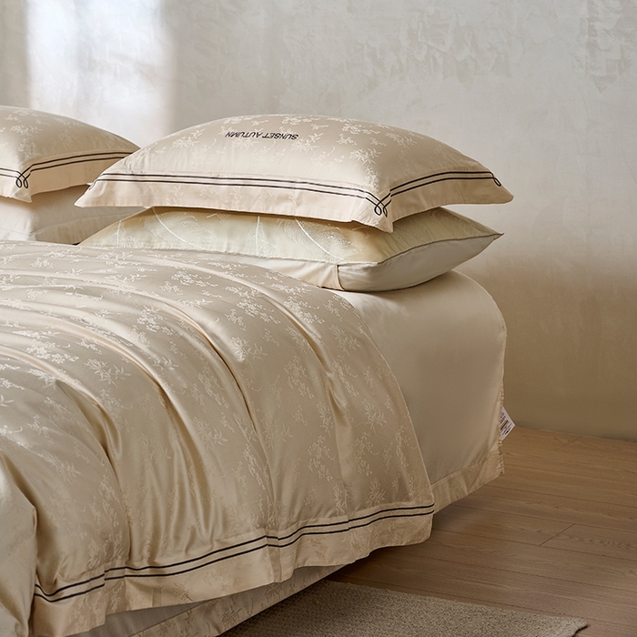 91家纺网 家纺一手货源 找家纺 诗黛尔 2026春夏新款天棉缎刺绣-新竹韵系列 新竹韵-浅米金