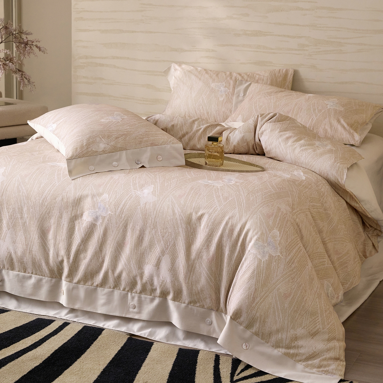 91家纺网 家纺一手货源 找家纺 （总）梧桐树 2026新款60支长绒棉纯棉宽边纽扣系列四件套