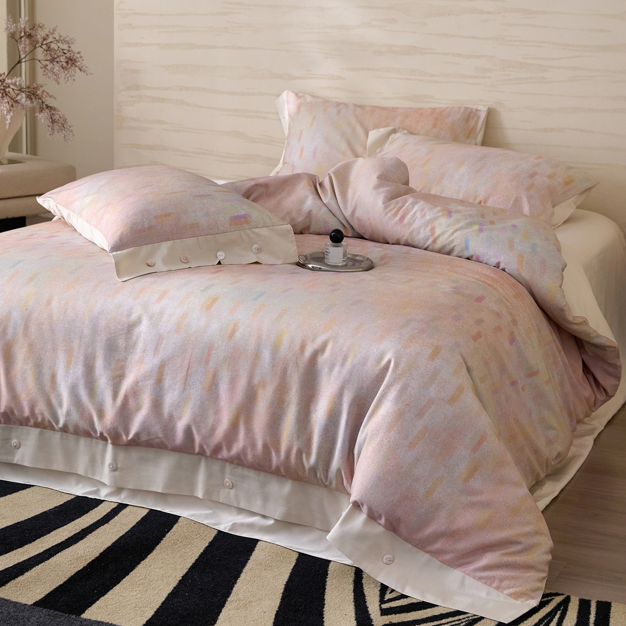 91家纺网 家纺一手货源 找家纺 （总）梧桐树 2026新款60支长绒棉纯棉宽边纽扣系列四件套