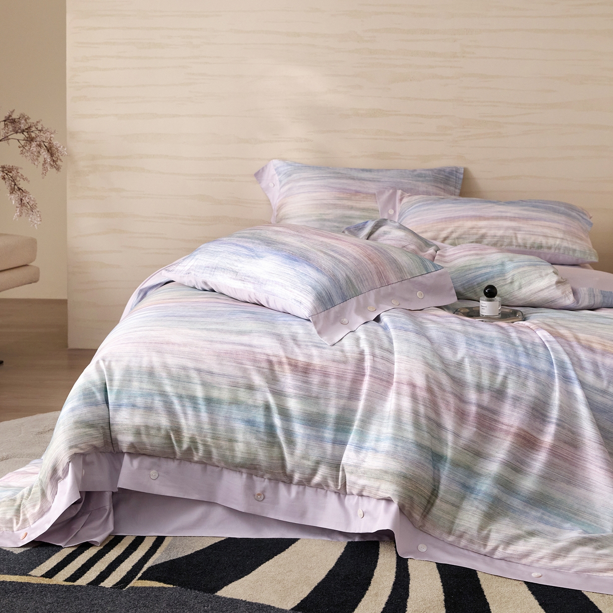 91家纺网 家纺一手货源 找家纺 梧桐树 2026新款60支长绒棉纯棉宽边纽扣系列四件套 N602摩卡蓝