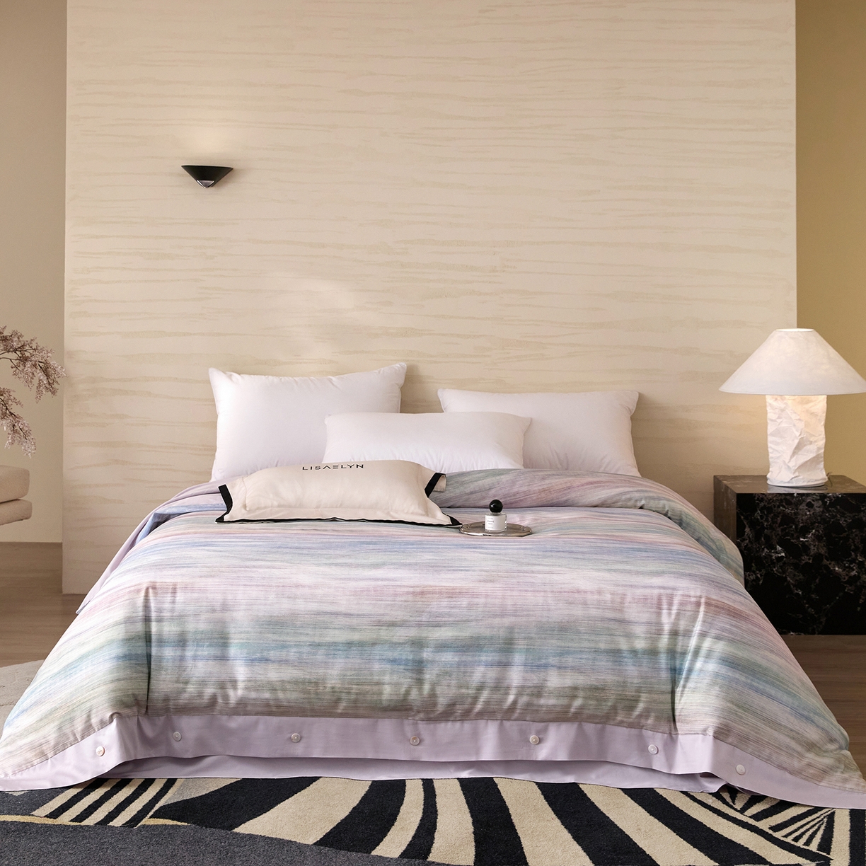 91家纺网 家纺一手货源 找家纺 梧桐树 2026新款60支长绒棉纯棉宽边纽扣系列四件套 N602摩卡蓝