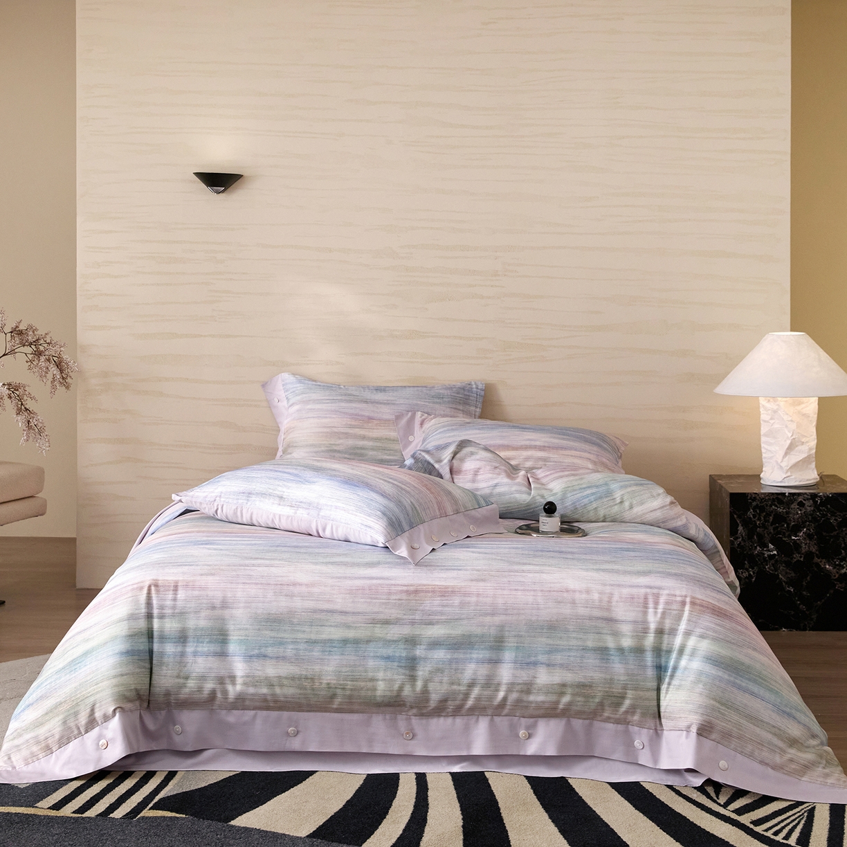 91家纺网 家纺一手货源 找家纺 梧桐树 2026新款60支长绒棉纯棉宽边纽扣系列四件套 N602摩卡蓝