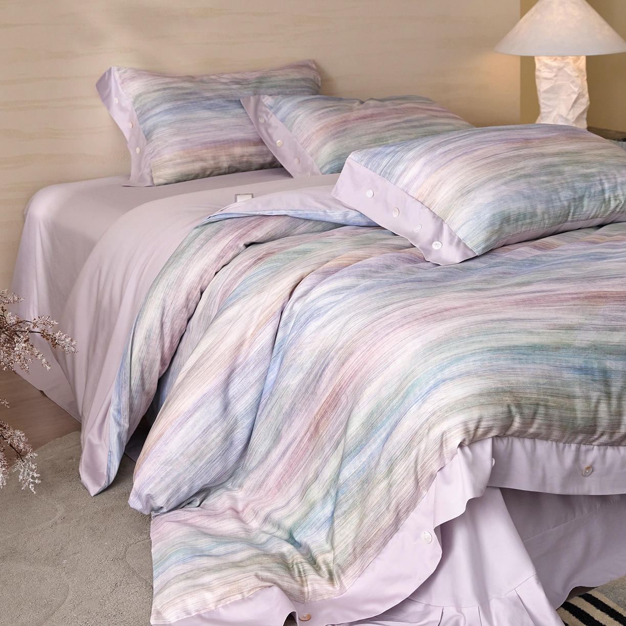 91家纺网 家纺一手货源 找家纺 梧桐树 2026新款60支长绒棉纯棉宽边纽扣系列四件套 N602摩卡蓝