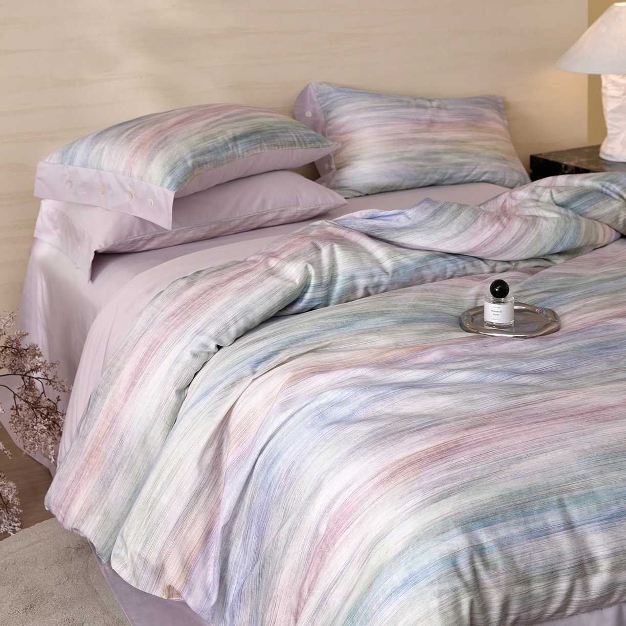 91家纺网 家纺一手货源 找家纺 梧桐树 2026新款60支长绒棉纯棉宽边纽扣系列四件套 N602摩卡蓝