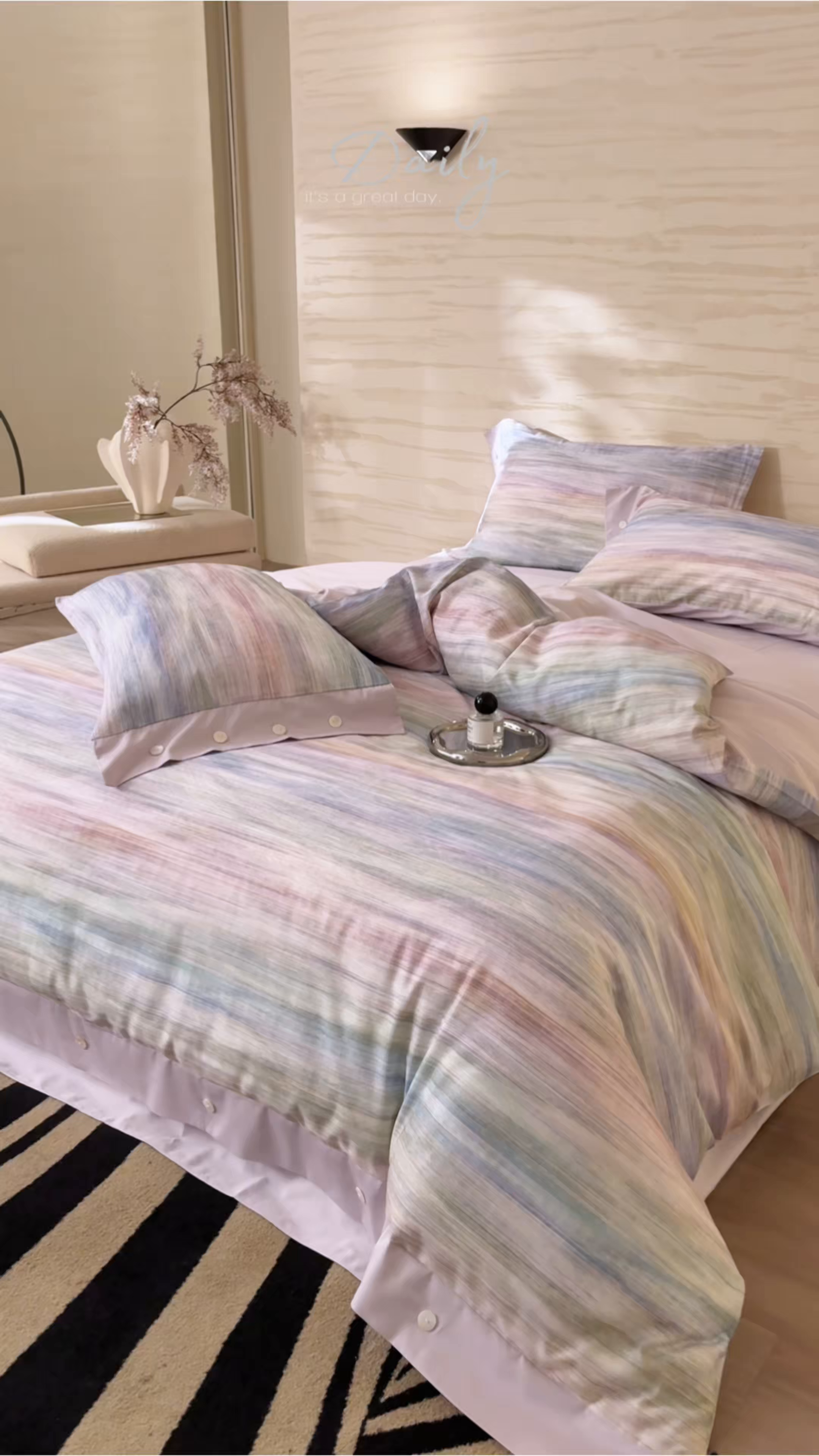 91家纺网 家纺一手货源 找家纺 梧桐树 2026新款60支长绒棉纯棉宽边纽扣系列四件套 N602摩卡蓝