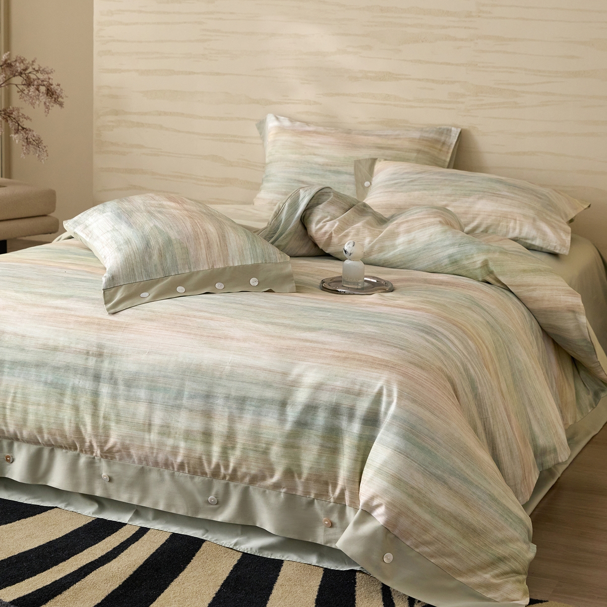 梧桐树 2026新款60支长绒棉纯棉宽边纽扣系列四件套 N605摩卡绿