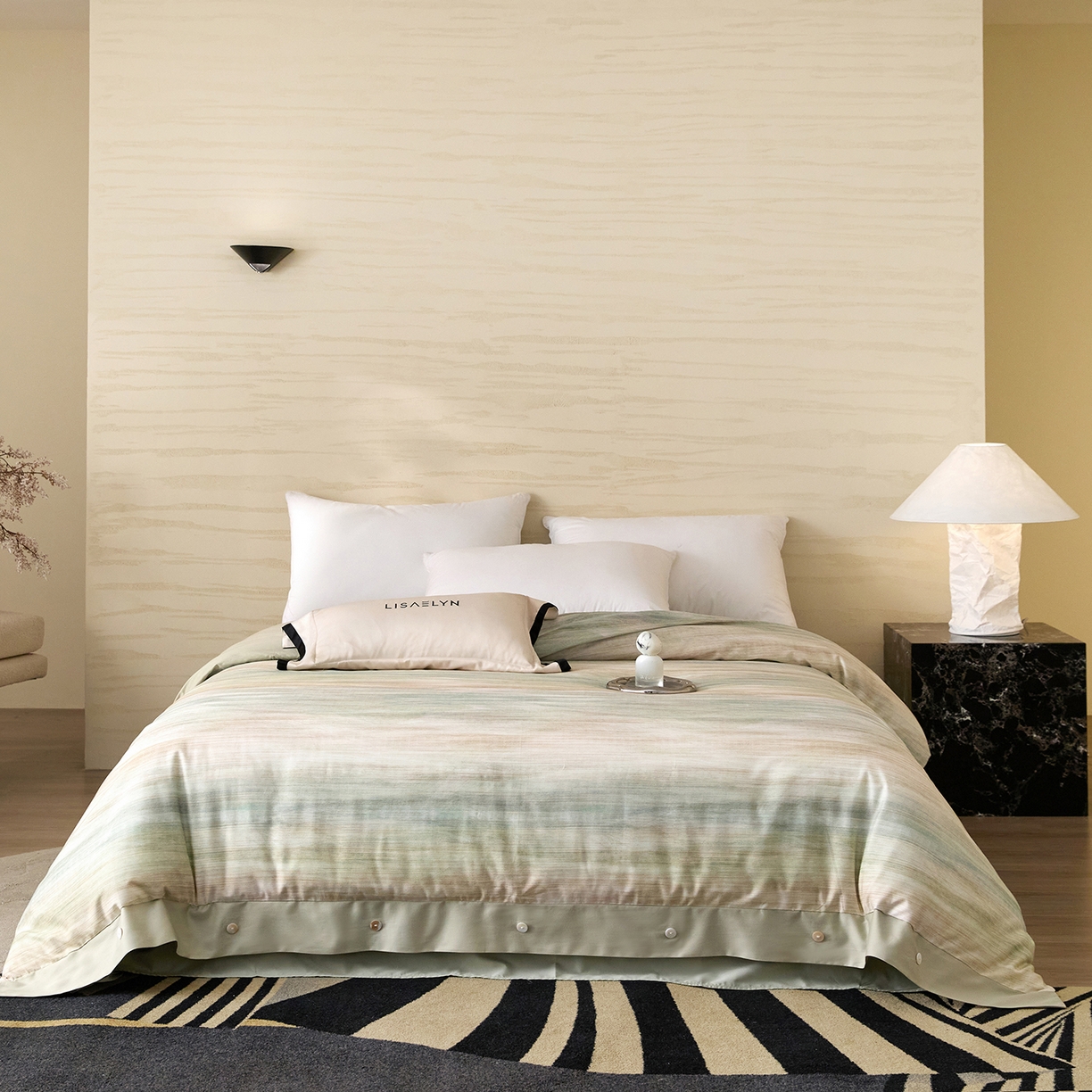 91家纺网 家纺一手货源 找家纺 梧桐树 2026新款60支长绒棉纯棉宽边纽扣系列四件套 N605摩卡绿