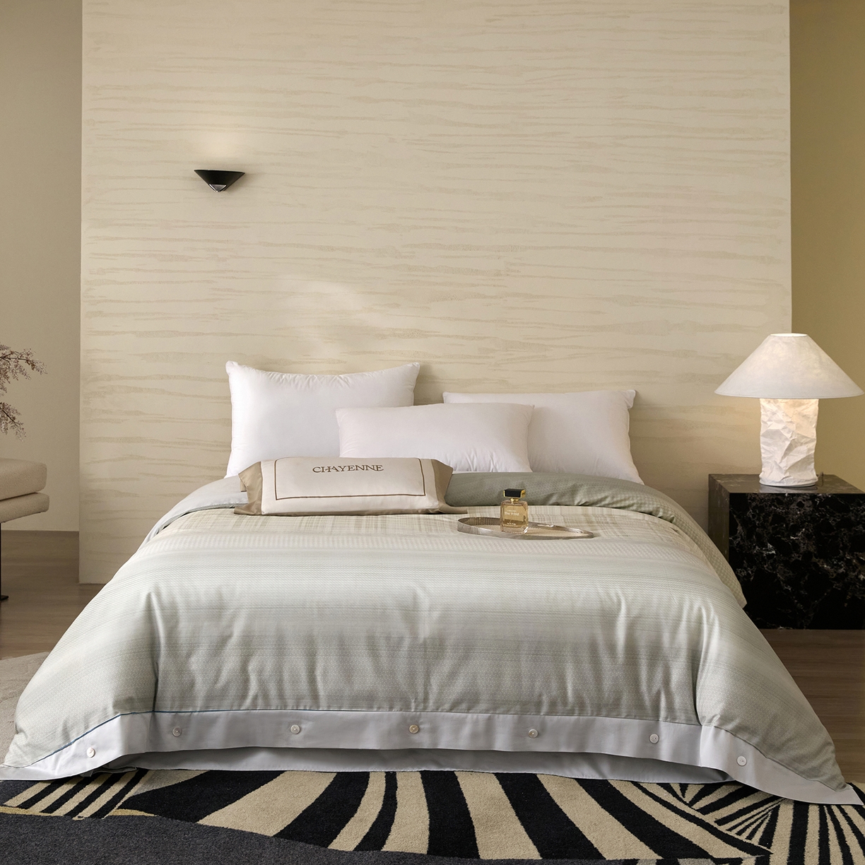 91家纺网 家纺一手货源 找家纺 梧桐树 2026新款60支长绒棉纯棉宽边纽扣系列四件套 N607可可西黄