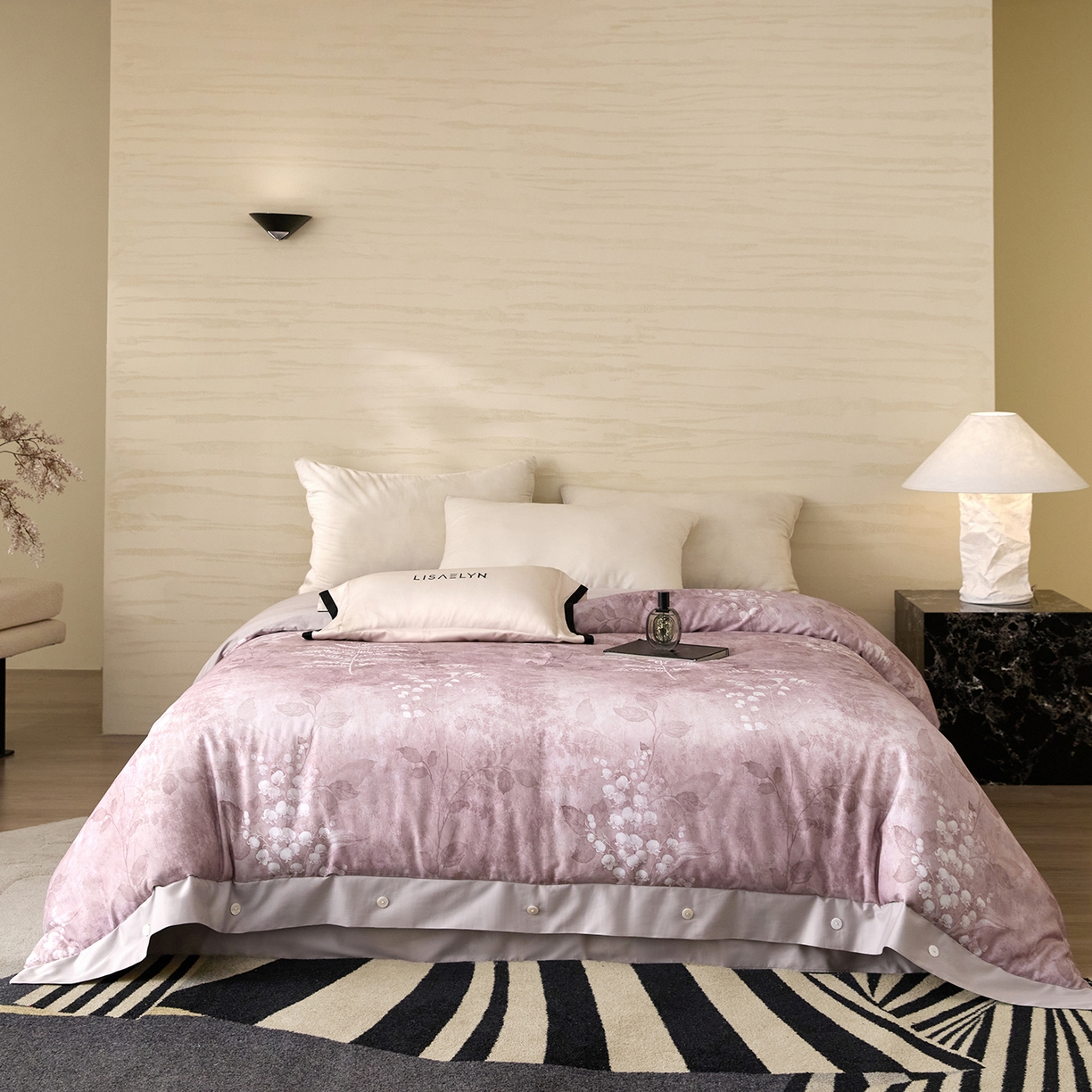 91家纺网 家纺一手货源 找家纺 梧桐树 2026新款60支长绒棉纯棉宽边纽扣系列四件套 N608埃莉诺豆沙