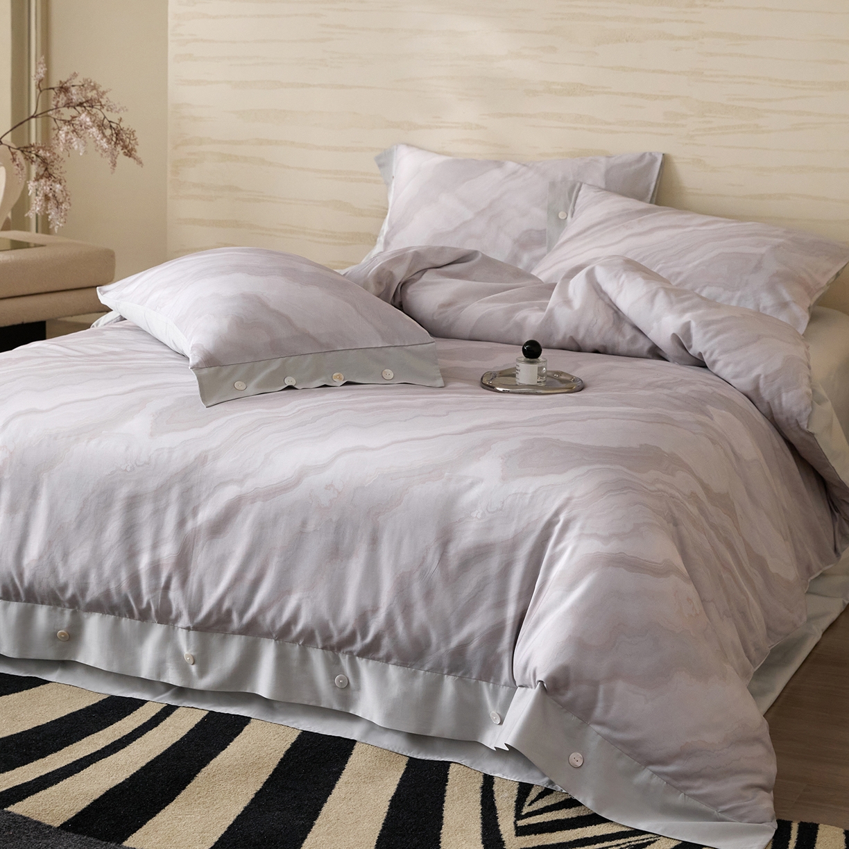 梧桐树 2026新款60支长绒棉纯棉宽边纽扣系列四件套 N609山有色咖