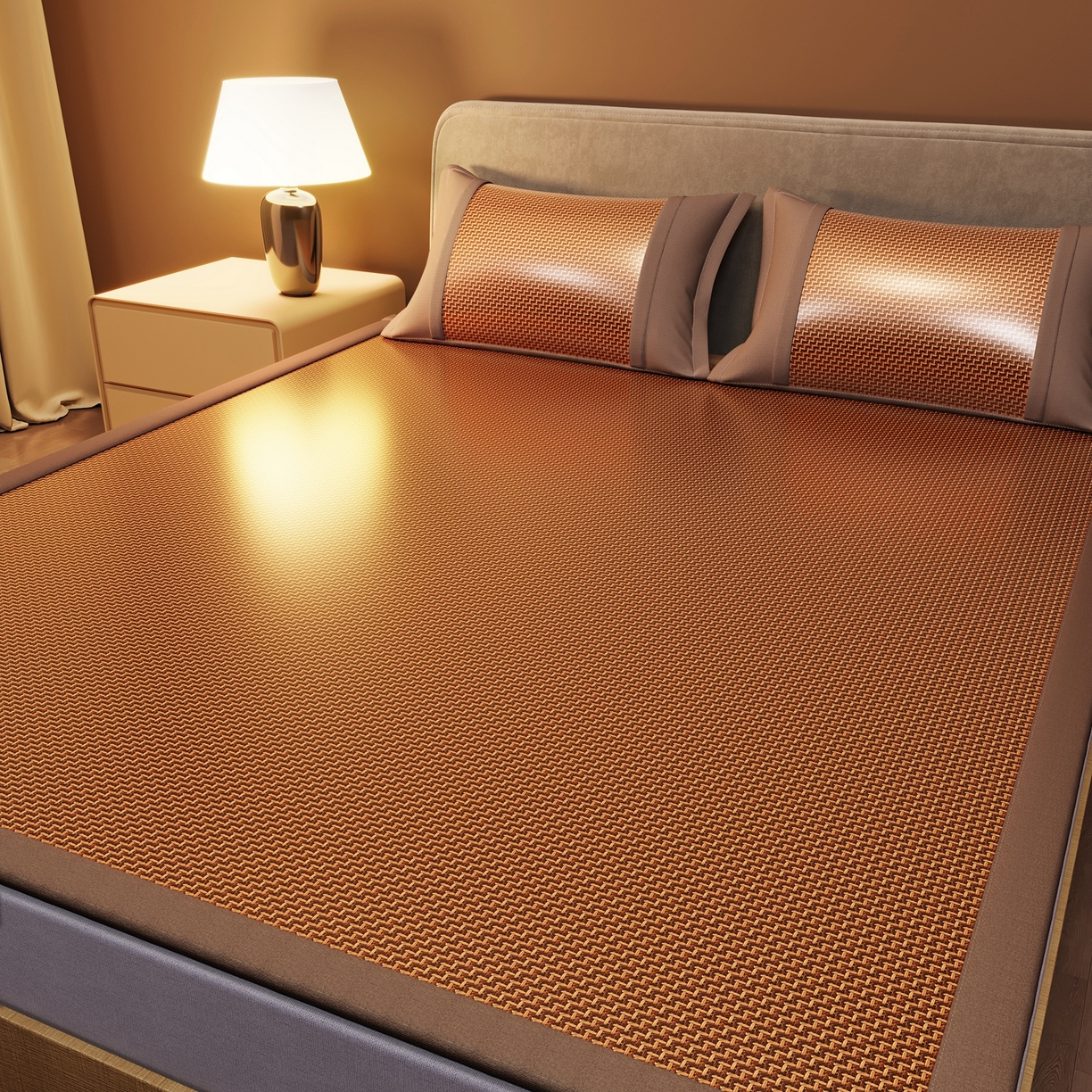 91家纺网 家纺一手货源 找家纺 苏迪网销供货 2026新款步步高双面藤席全包凉席反面冰丝席子 步步高-棕色