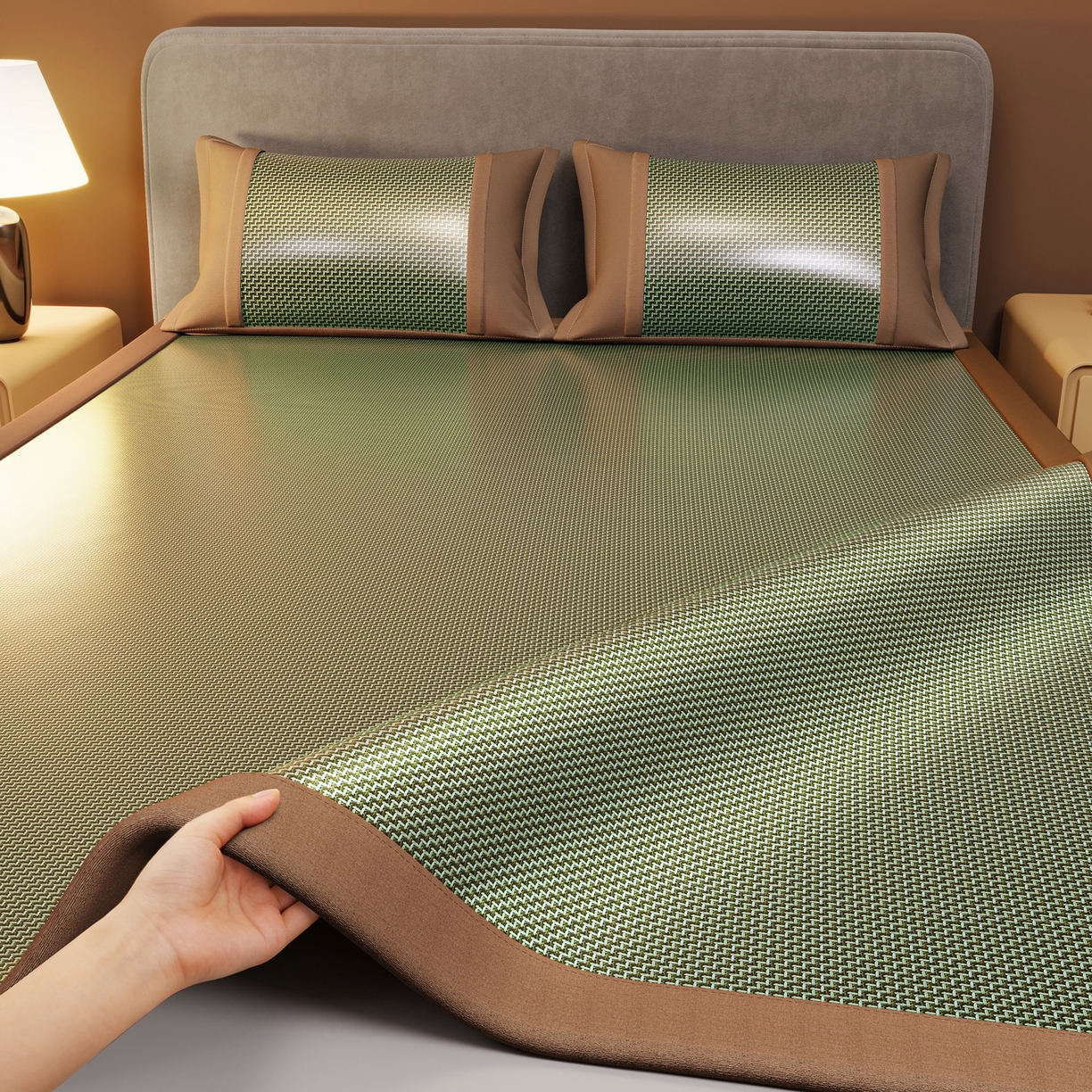 91家纺网 家纺一手货源 找家纺 苏迪网销供货 2026新款步步高双面藤席全包凉席反面冰丝席子 步步高-绿色