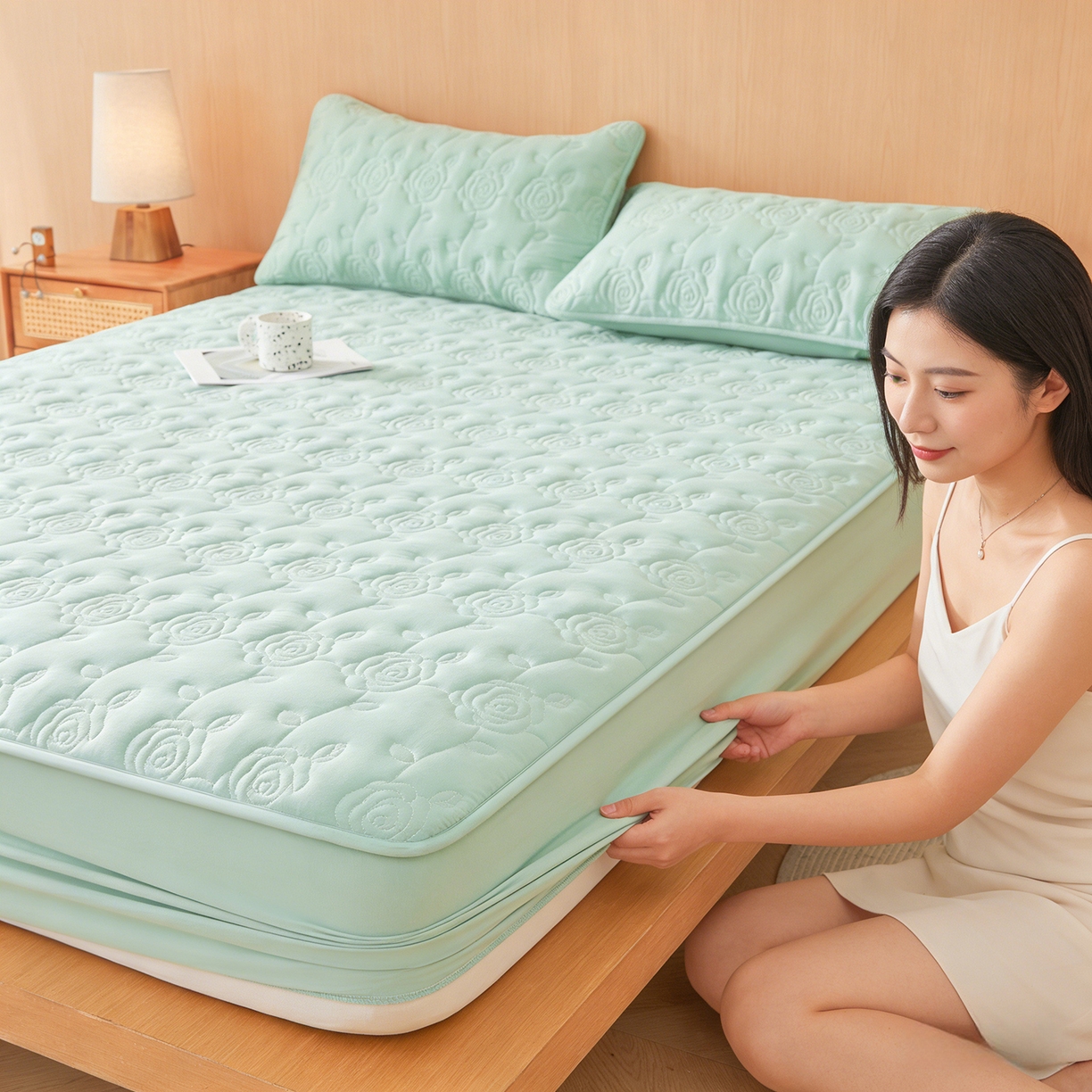 91家纺网 家纺一手货源 找家纺 柔品 2026新款牛奶棉蚕蛹蛋白夹棉单床笠 床笠单件-玫瑰伊人 玫瑰伊人 青绿