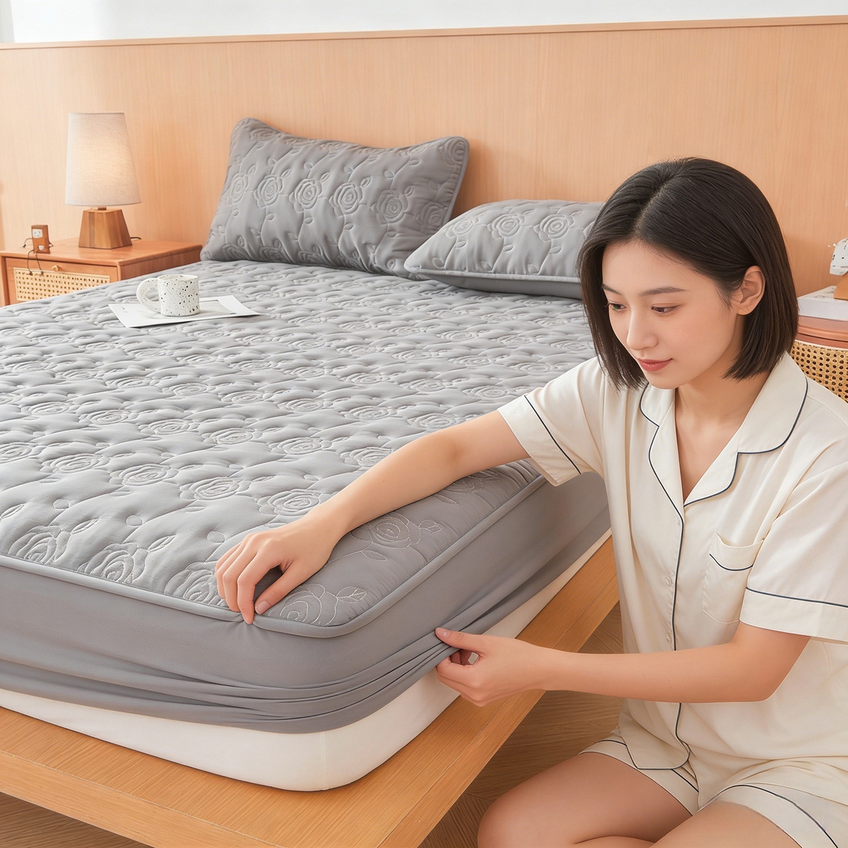 91家纺网 家纺一手货源 找家纺 柔品 2026新款牛奶棉蚕蛹蛋白夹棉单床笠 床笠单件-玫瑰伊人 玫瑰伊人 深灰