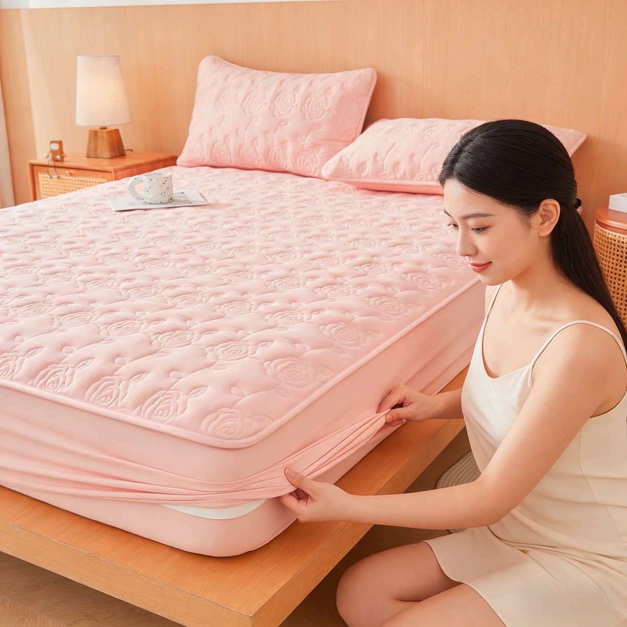 91家纺网 家纺一手货源 找家纺 柔品 2026新款牛奶棉蚕蛹蛋白夹棉单床笠 床笠单件-玫瑰伊人 玫瑰伊人 香粉