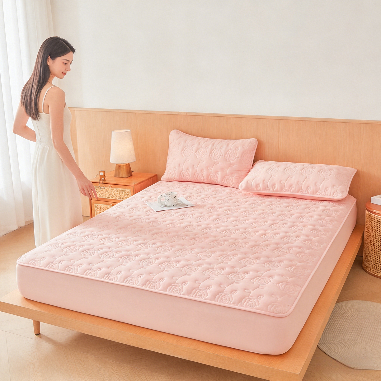 91家纺网 家纺一手货源 找家纺 柔品 2026新款牛奶棉蚕蛹蛋白夹棉单床笠 床笠单件-玫瑰伊人 玫瑰伊人 香粉