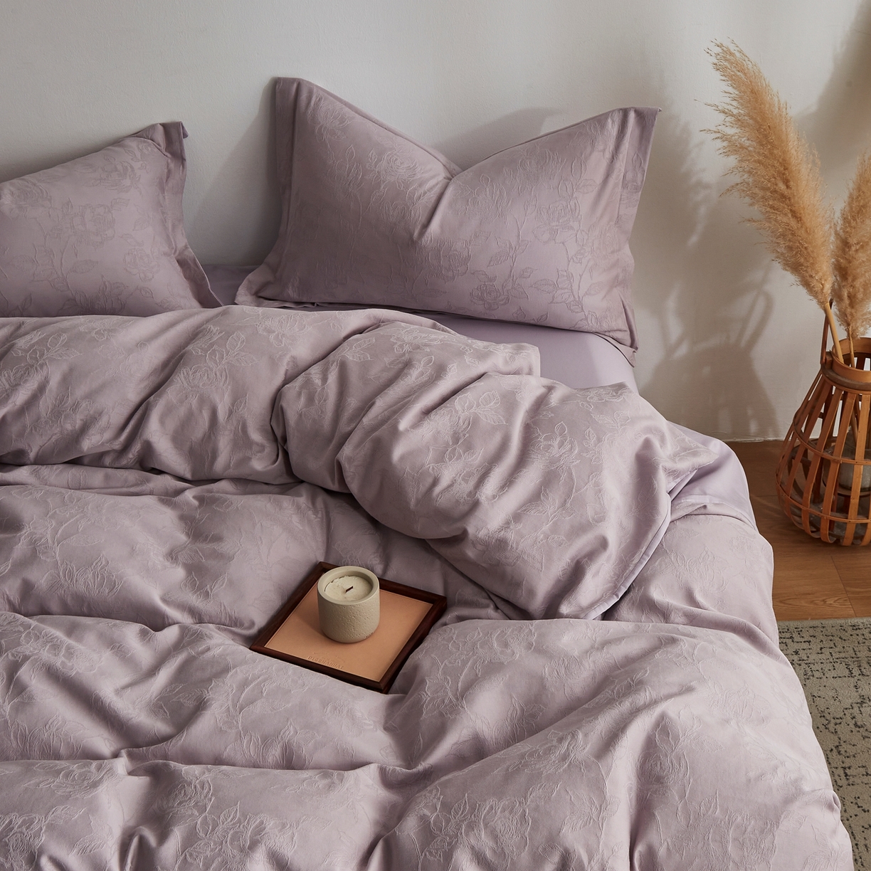 91家纺网 家纺一手货源 找家纺 顾家家居 2026新款AB面全棉厚织提花四件套 芍药-雾紫