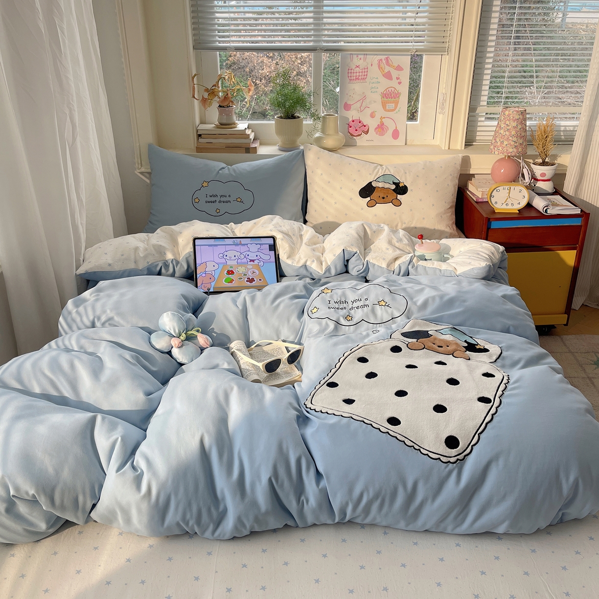 贝扬思家纺 2026春夏新款云朵贴布绣绣花四件套 好梦小狗