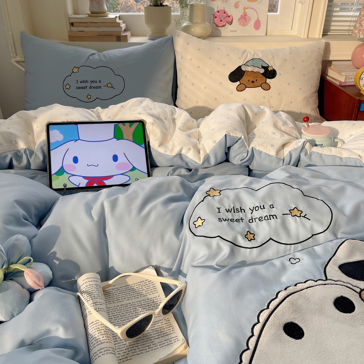 91家纺网 家纺一手货源 找家纺 贝扬思家纺 2026春夏新款云朵贴布绣绣花四件套 好梦小狗