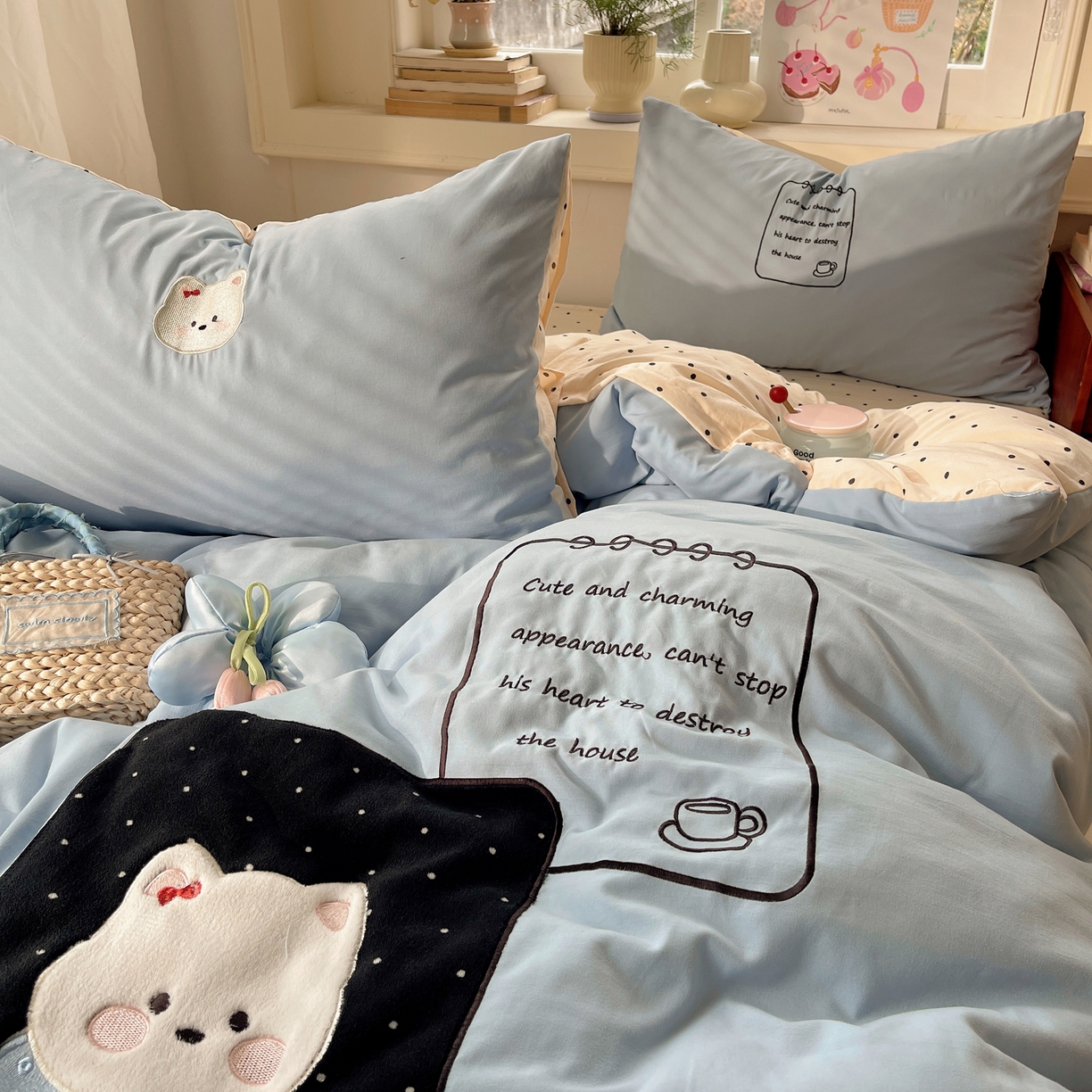 91家纺网 家纺一手货源 找家纺 贝扬思家纺 2026春夏新款云朵贴布绣绣花四件套 块块狗