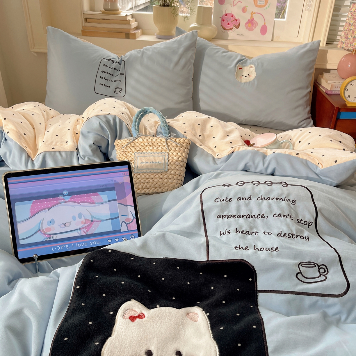 91家纺网 家纺一手货源 找家纺 贝扬思家纺 2026春夏新款云朵贴布绣绣花四件套 块块狗