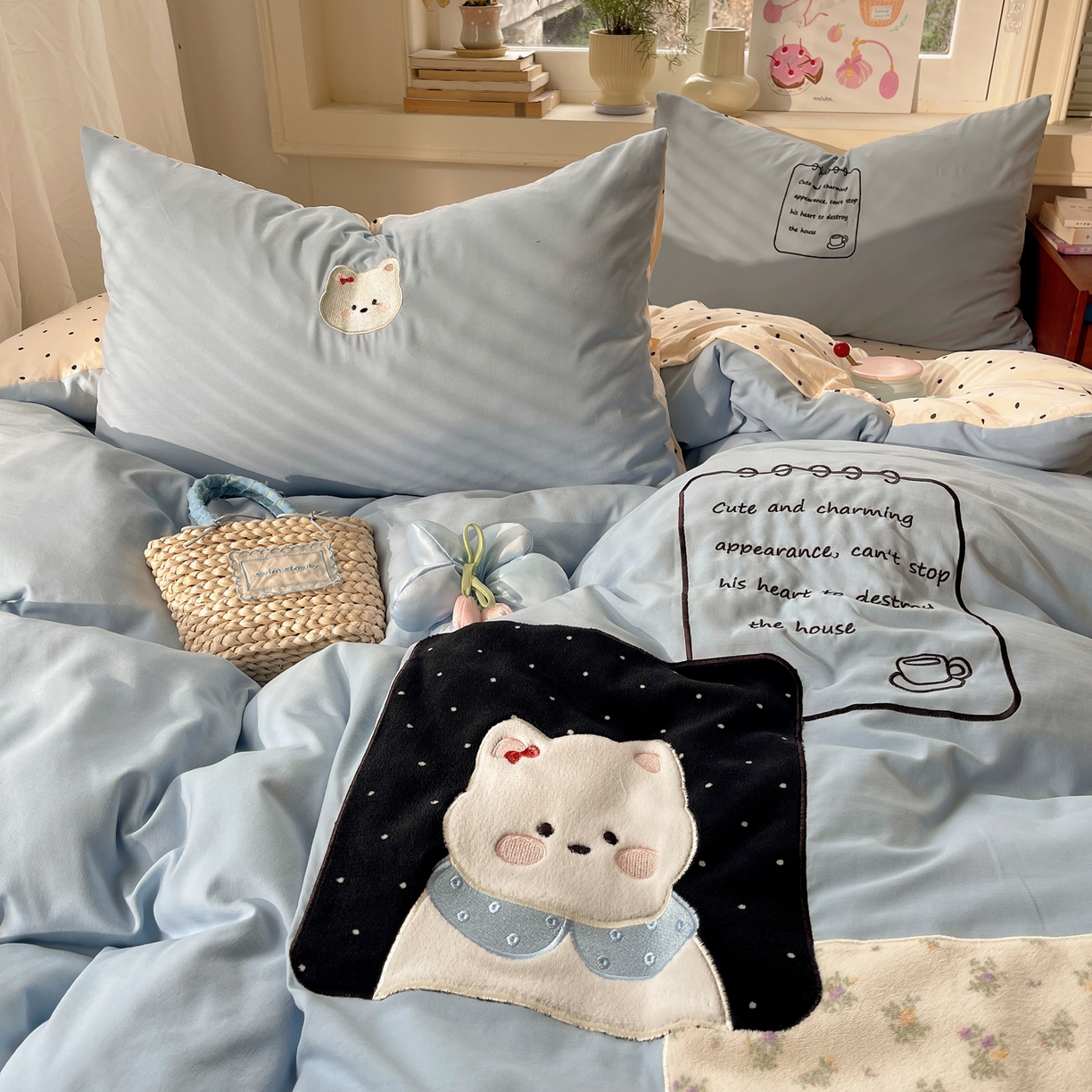 91家纺网 家纺一手货源 找家纺 贝扬思家纺 2026春夏新款云朵贴布绣绣花四件套 块块狗