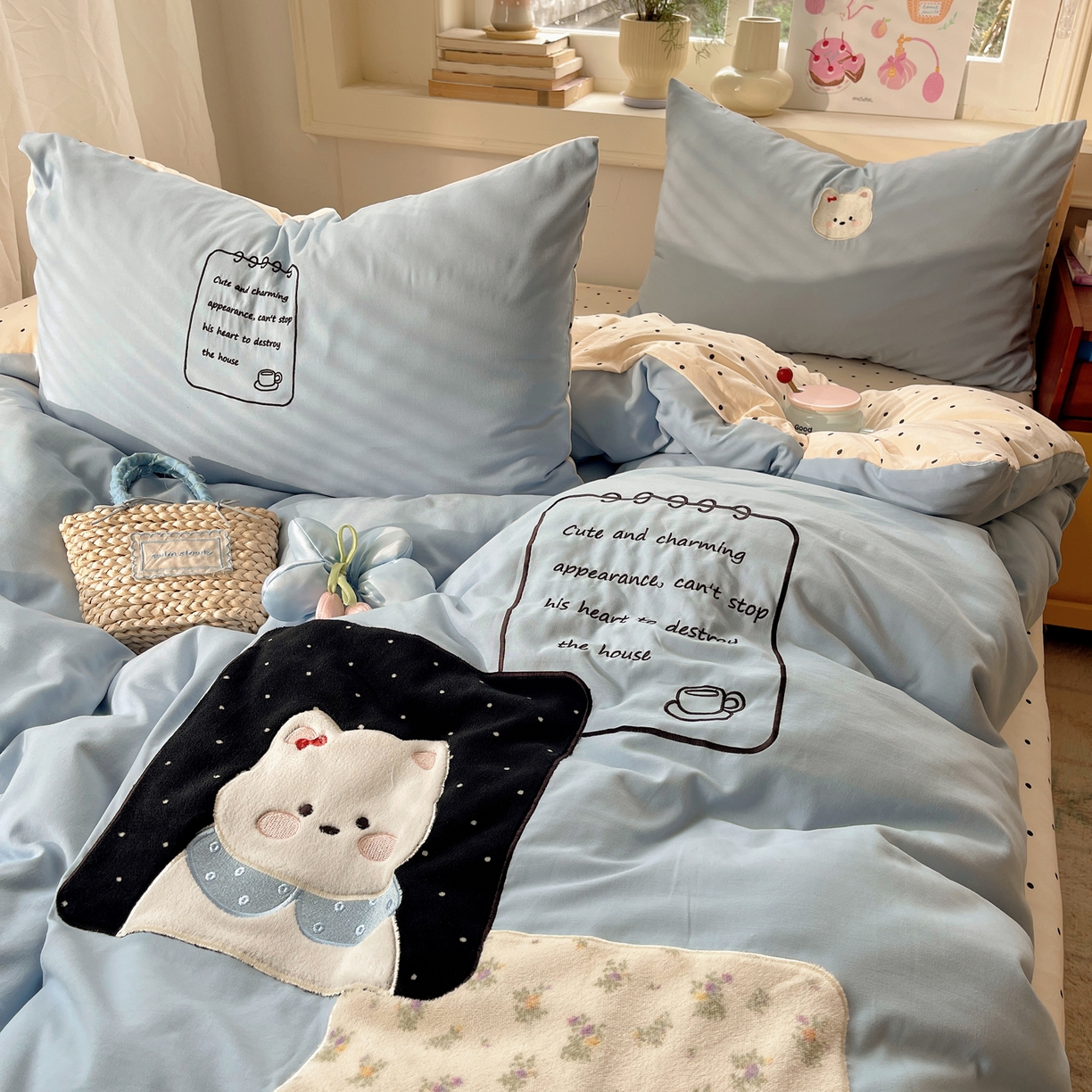 91家纺网 家纺一手货源 找家纺 贝扬思家纺 2026春夏新款云朵贴布绣绣花四件套 块块狗