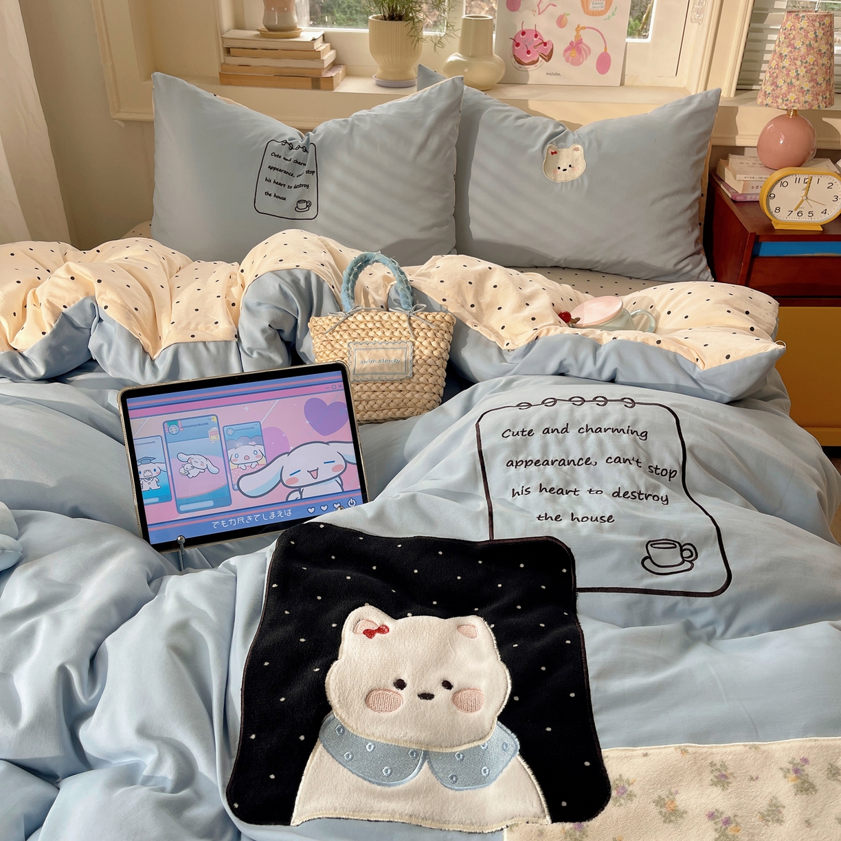 91家纺网 家纺一手货源 找家纺 贝扬思家纺 2026春夏新款云朵贴布绣绣花四件套 块块狗