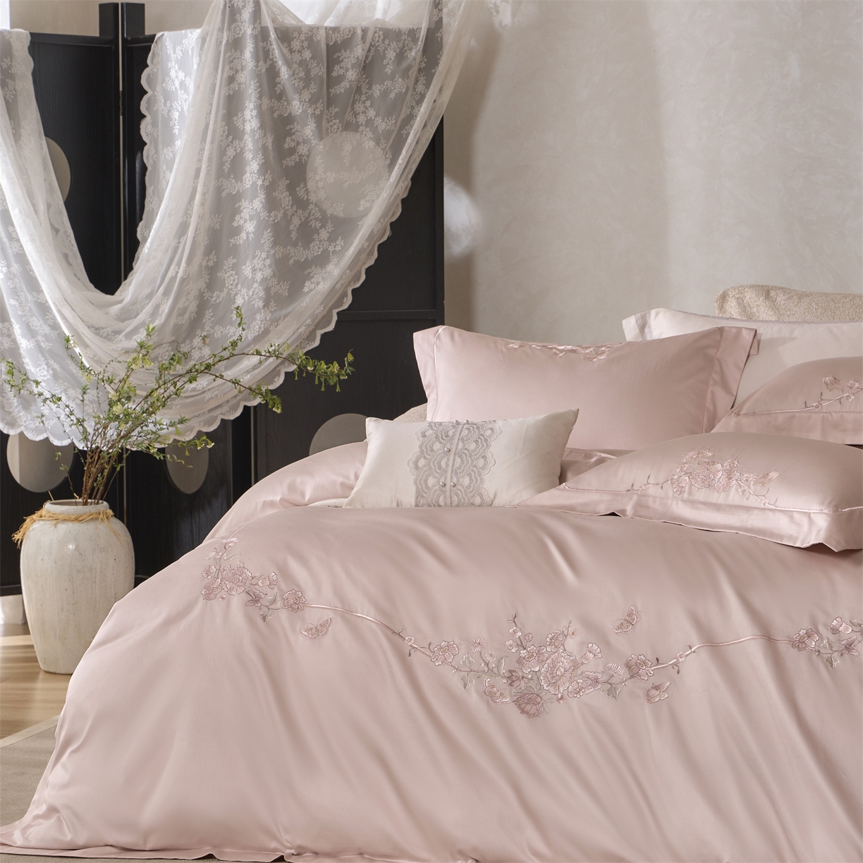 91家纺网 家纺一手货源 找家纺 玖玖爱家纺 2026新款160支奢织黄金长绒棉四件套-安娜花园 安娜花园-木槿粉