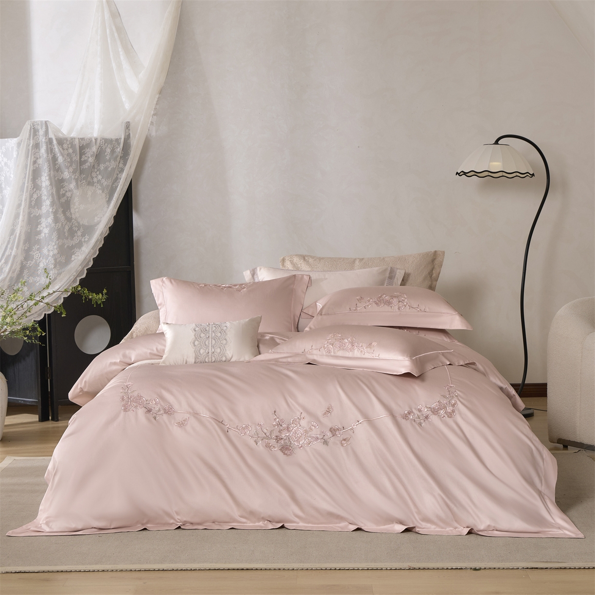 91家纺网 家纺一手货源 找家纺 玖玖爱家纺 2026新款160支奢织黄金长绒棉四件套-安娜花园 安娜花园-木槿粉