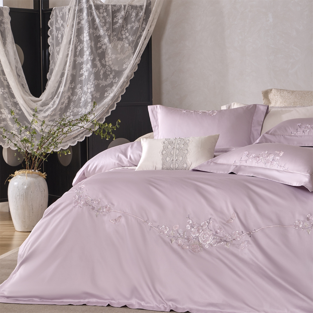 91家纺网 家纺一手货源 找家纺 玖玖爱家纺 2026新款160支奢织黄金长绒棉四件套-安娜花园 安娜花园-云雾紫