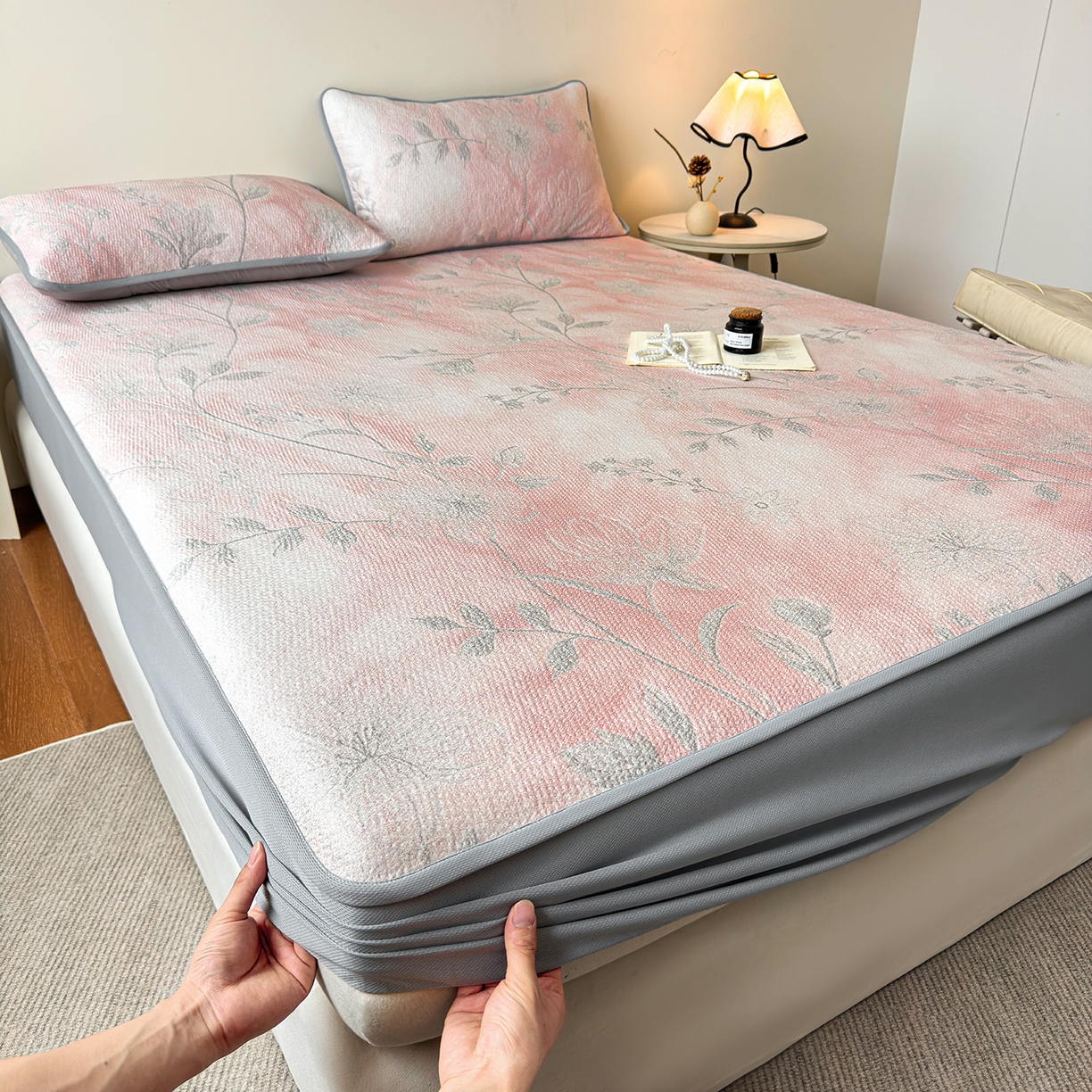 柔品 2026春夏新款PE中分子床笠款凉席席子 巴黎印象 粉