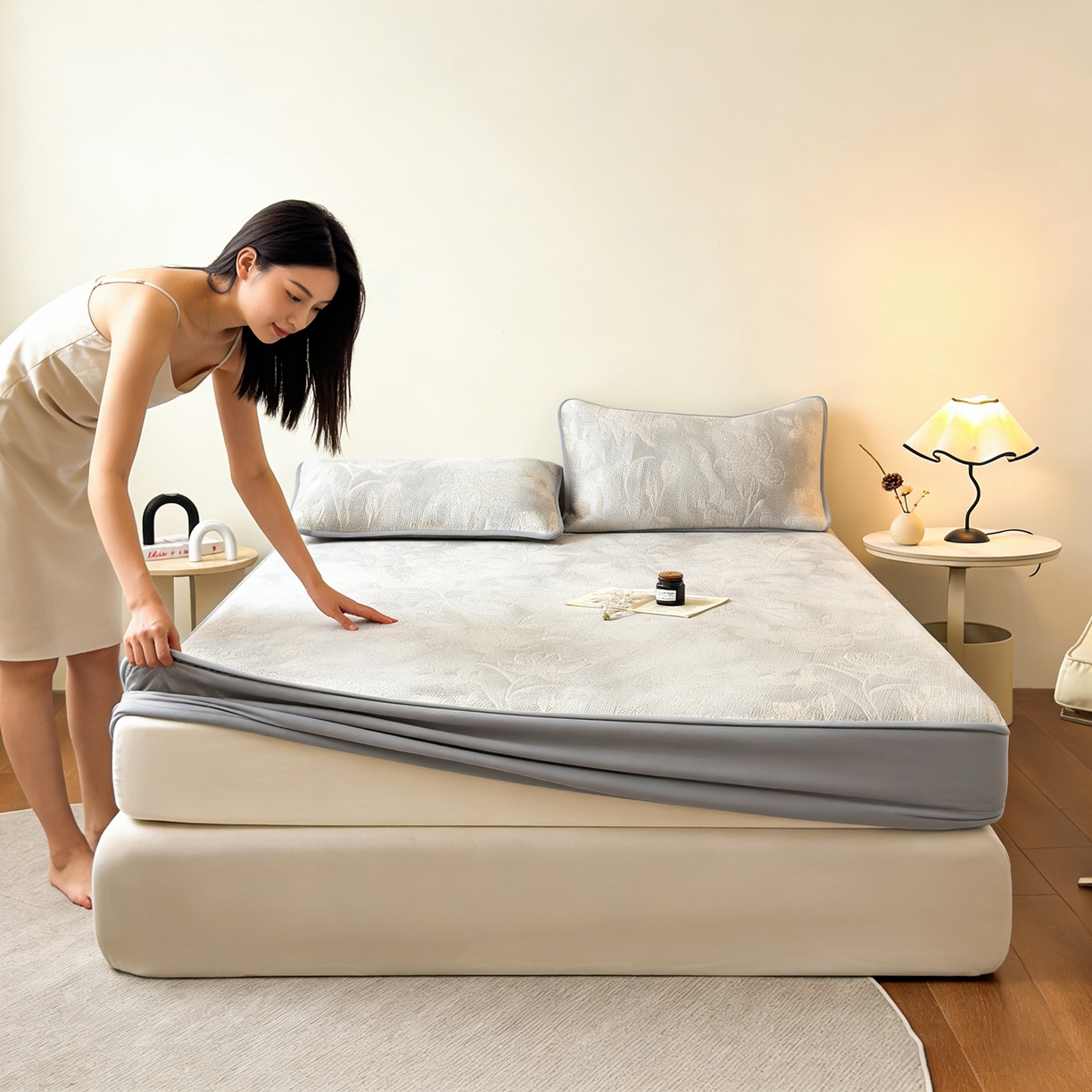 91家纺网 家纺一手货源 找家纺 柔品 2026春夏新款PE中分子床笠款凉席席子 巴黎印象 灰