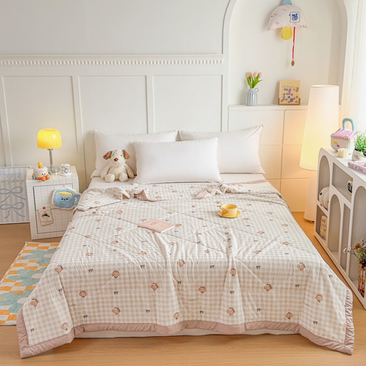 91家纺网 家纺一手货源 找家纺 帕拉美拉 2026新款A类印花冰凉丝凉感丝手包大宽边夏被 格纹乖乖狗