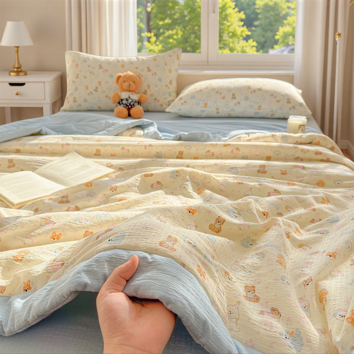 91家纺网 家纺一手货源 找家纺 晓时候 2026新款A类云感双层纱夏被棉花被小清新印花夏凉被空调被 奶芙狗