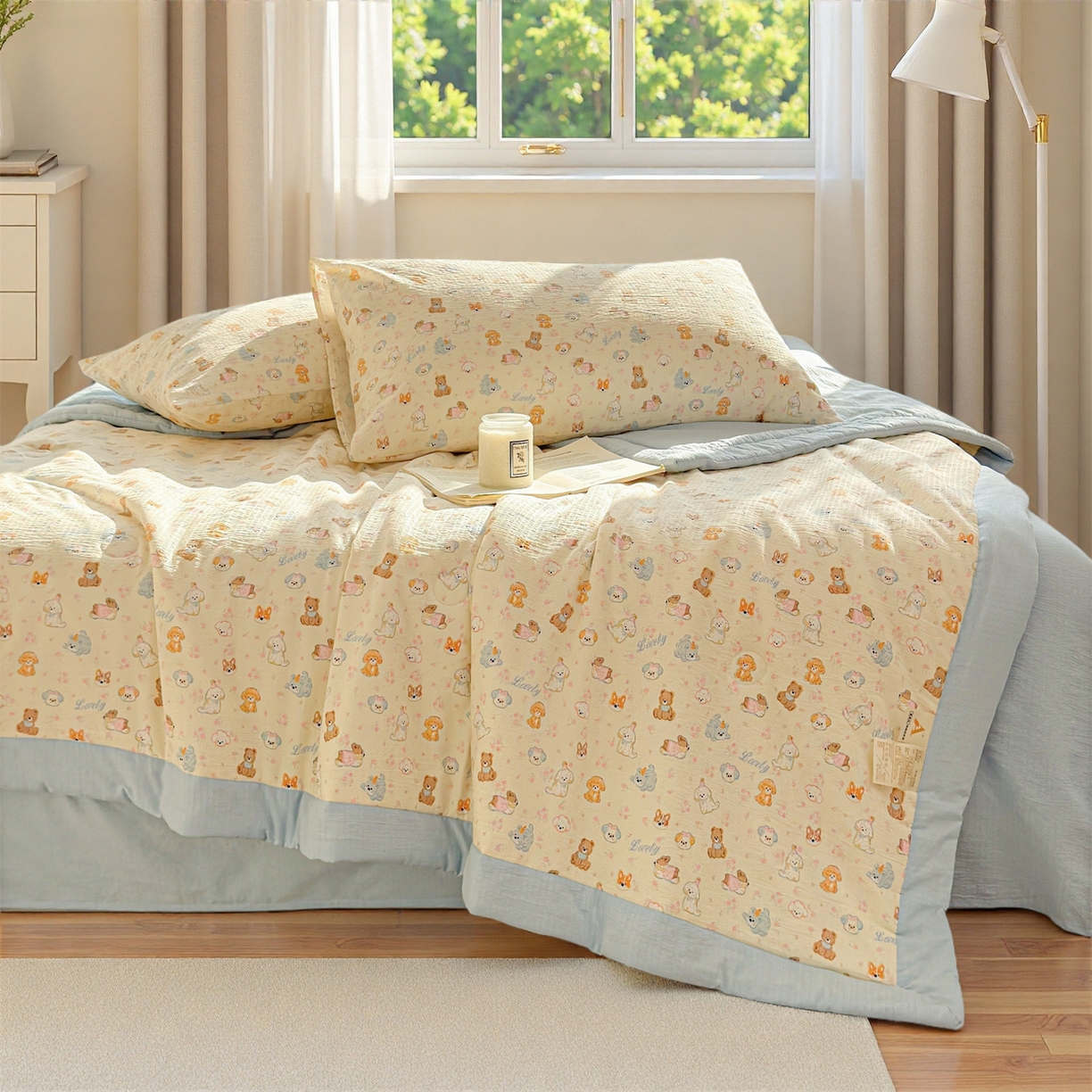 91家纺网 家纺一手货源 找家纺 晓时候 2026新款A类云感双层纱夏被棉花被小清新印花夏凉被空调被 奶芙狗