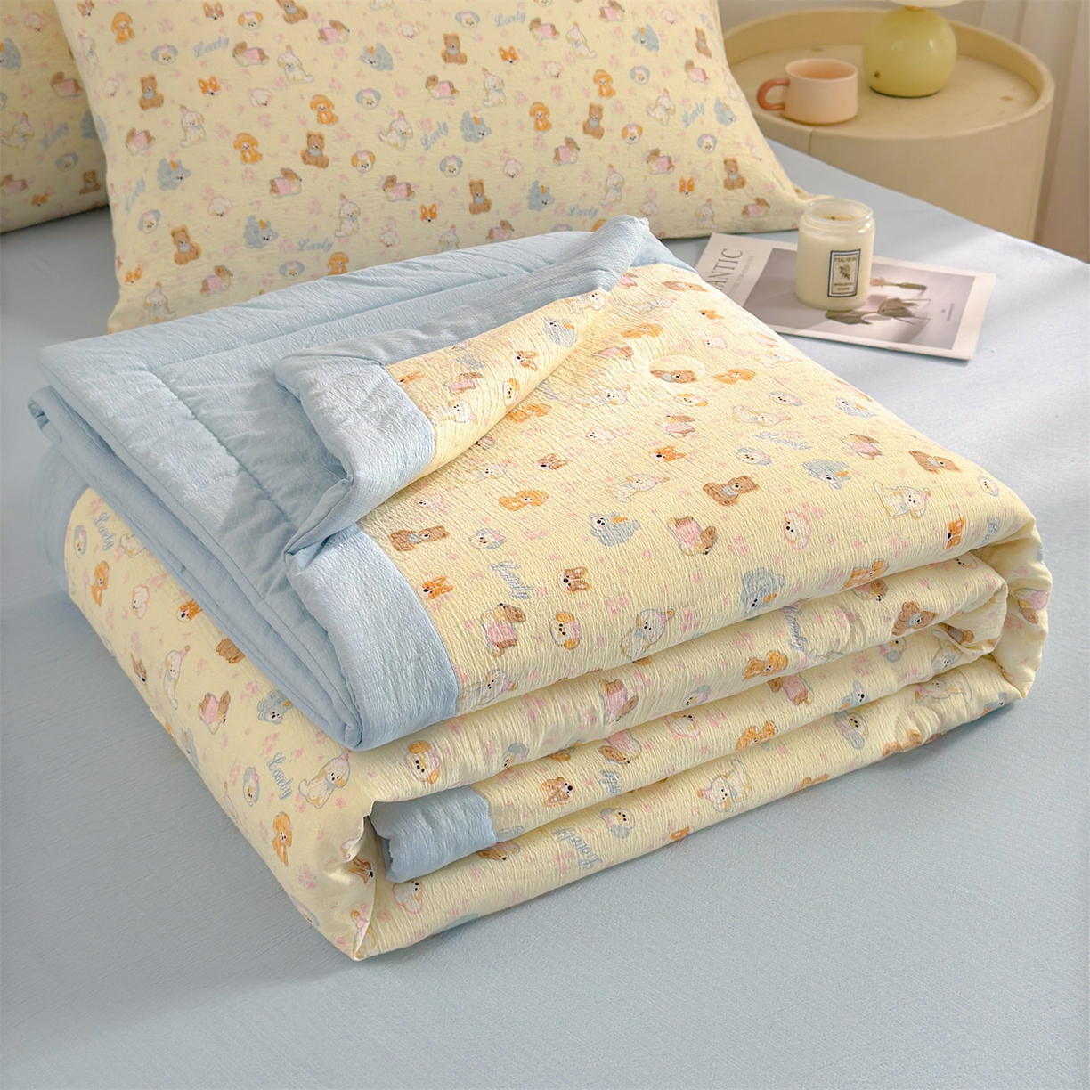 91家纺网 家纺一手货源 找家纺 晓时候 2026新款A类云感双层纱夏被棉花被小清新印花夏凉被空调被 奶芙狗