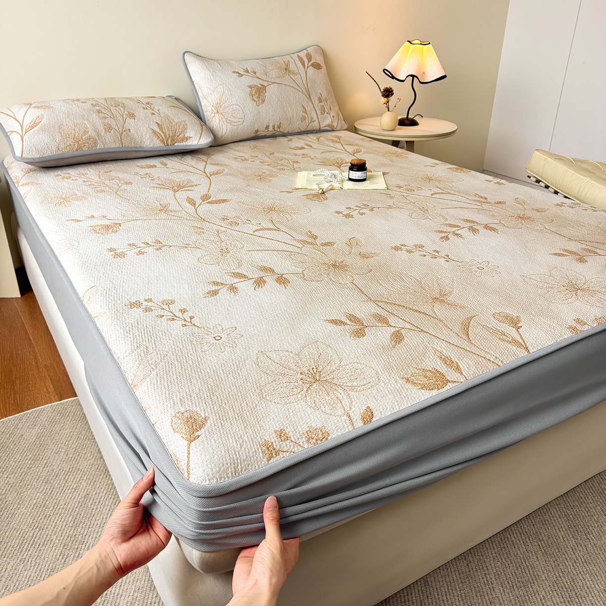 柔品 2026春夏新款PE中分子床笠款凉席席子 巴黎印象 卡其