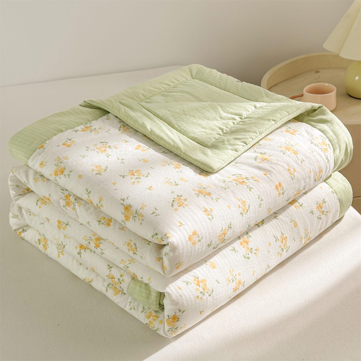 91家纺网 家纺一手货源 找家纺 晓时候 2026新款A类云感双层纱夏被棉花被小清新印花夏凉被空调被 安然入夏