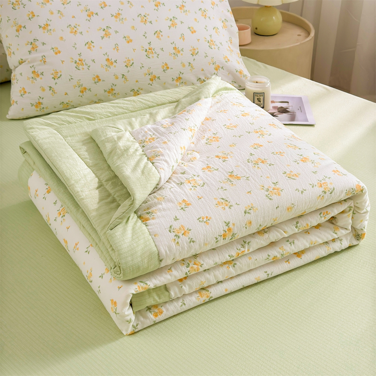 91家纺网 家纺一手货源 找家纺 晓时候 2026新款A类云感双层纱夏被棉花被小清新印花夏凉被空调被 安然入夏