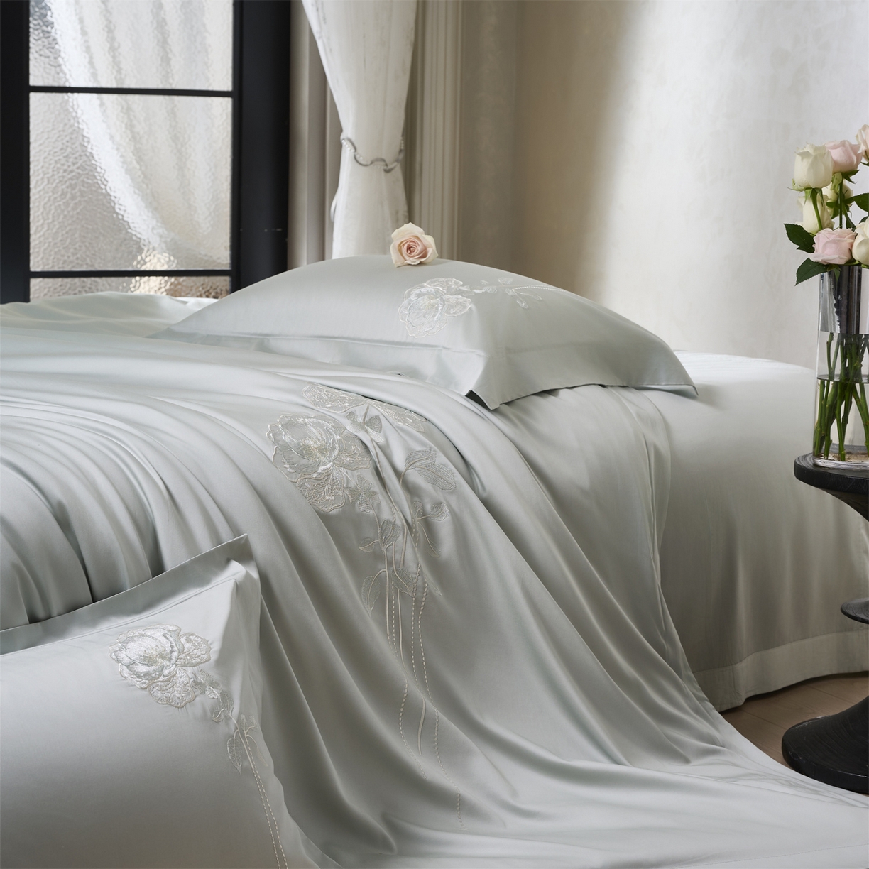 91家纺网 家纺一手货源 找家纺 玖玖爱家纺 2026新款奢织轻云柔棉长绒棉四件套-月下繁花 月下繁花-枝绿色