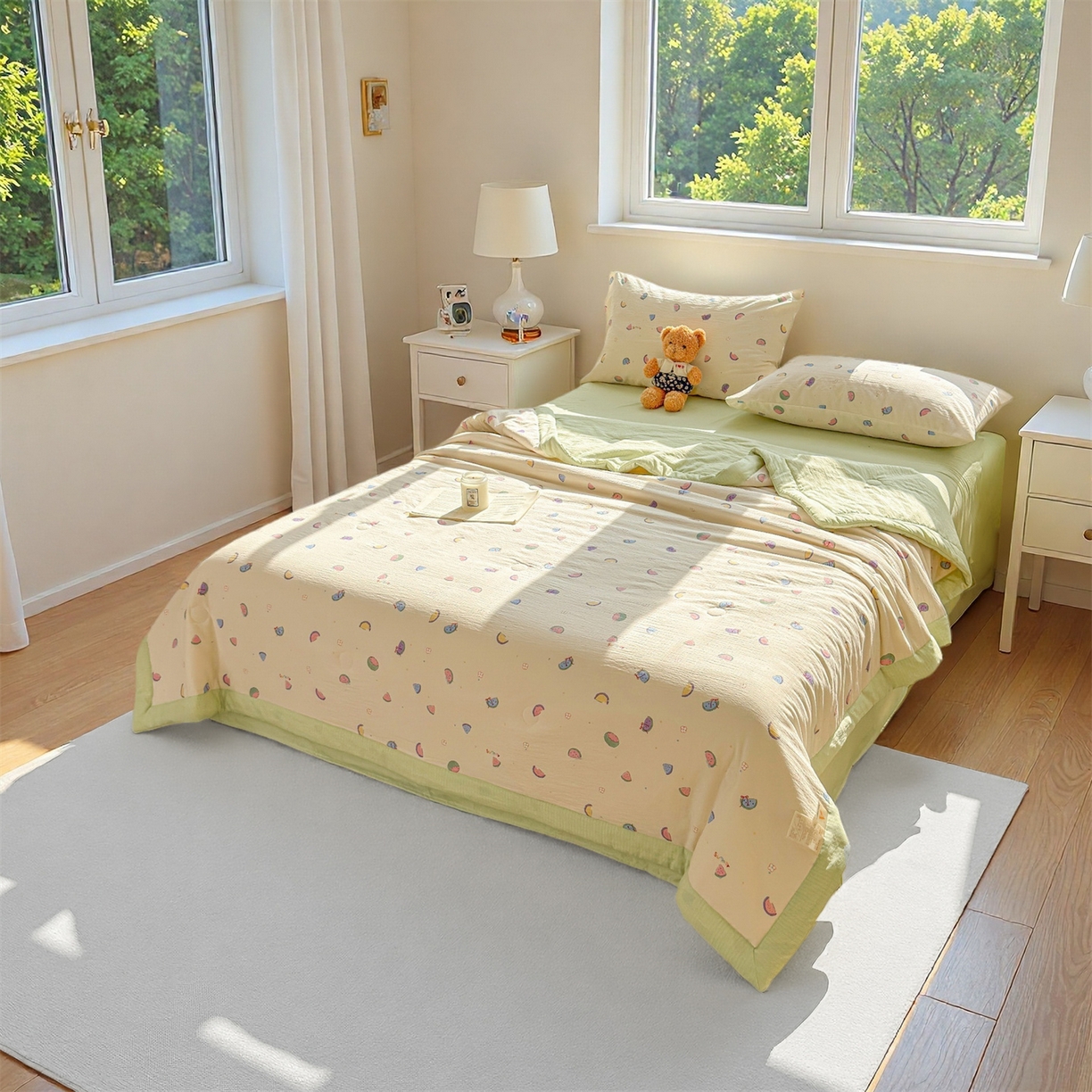 91家纺网 家纺一手货源 找家纺 晓时候 2026新款A类云感双层纱夏被棉花被小清新印花夏凉被空调被 缤纷水果