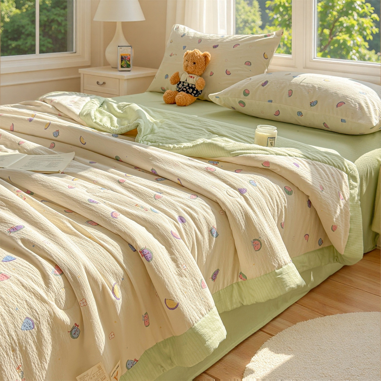 91家纺网 家纺一手货源 找家纺 晓时候 2026新款A类云感双层纱夏被棉花被小清新印花夏凉被空调被 缤纷水果