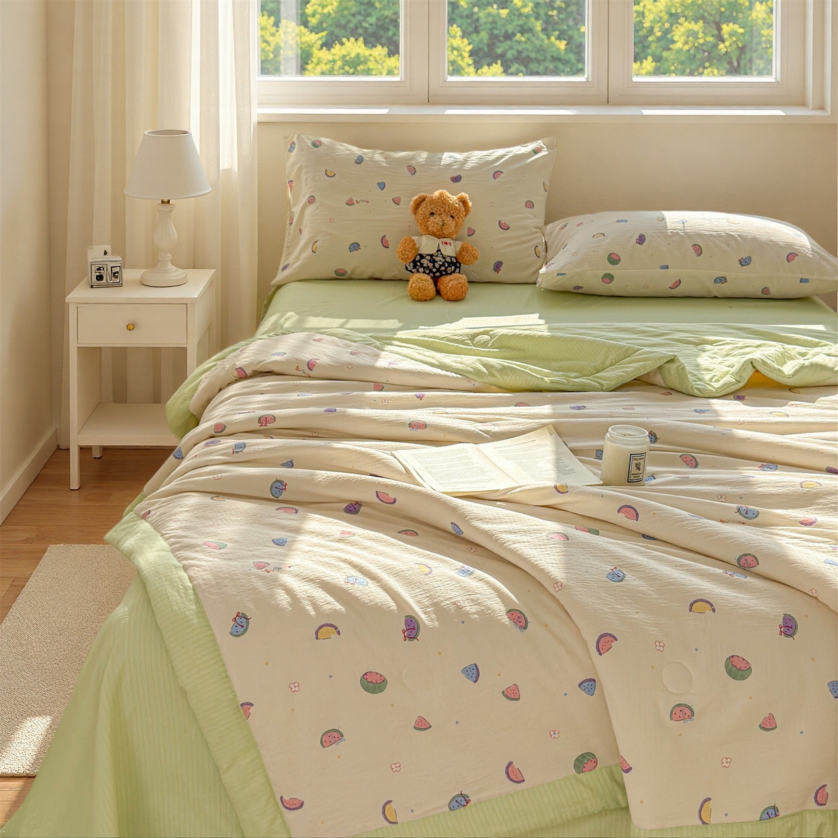 91家纺网 家纺一手货源 找家纺 晓时候 2026新款A类云感双层纱夏被棉花被小清新印花夏凉被空调被 缤纷水果